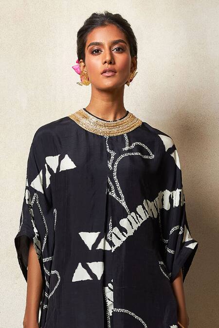 Buy Vedika M Black Silk Zari, Embroidery Round Neck Printed Kaftan Top And Pant Set Online at Aza Fashions Buy_Vedika M_Black Silk Zari, Embroidery Round Neck Printed Kaftan Top And Pant Set _Online_at_Aza_Fashions