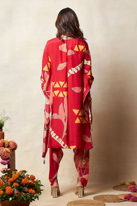Shop_Vedika M_Red Silk Zari, Embroidery Round Neck Bandhani Print Kaftan Top And Pant Set _at_Aza_Fashions