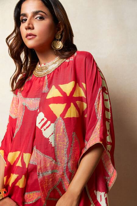 Shop_Vedika M_Red Silk Zari, Embroidery Round Neck Bandhani Print Kaftan Top And Pant Set _Online_at_Aza_Fashions