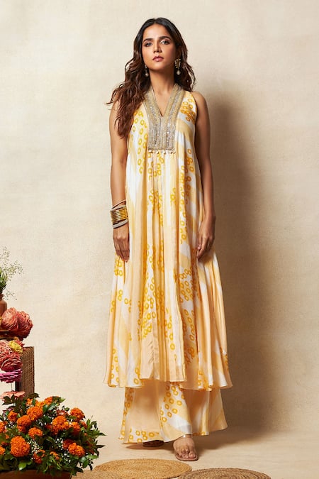 Vedika M Yellow Silk Printed Bandhani V Neck Abstract Kurta And Flared Pant Set 