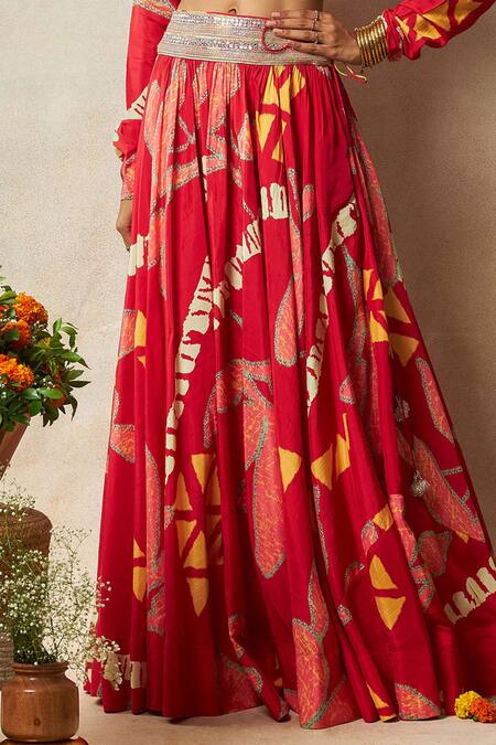 Vedika M Red Silk Mirrors, Zari V-neck Abstract Bandhani Print Lehenga Set Online at Aza Fashions Vedika M_Red Silk Mirrors, Zari V-neck Abstract Bandhani Print Lehenga Set _Online_at_Aza_Fashions