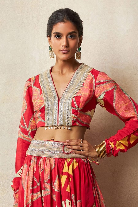 Buy Vedika M Red Silk Mirrors, Zari V-neck Abstract Bandhani Print Lehenga Set Online at Aza Fashions Buy_Vedika M_Red Silk Mirrors, Zari V-neck Abstract Bandhani Print Lehenga Set _Online_at_Aza_Fashions