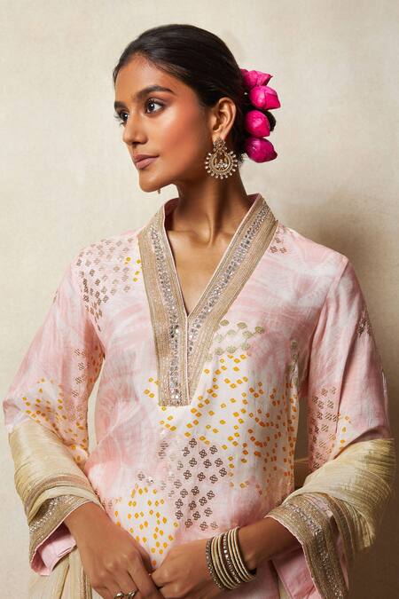 Shop_Vedika M_Pink Silk, Tissue Cut Work, Abstract Bandhani Print Kurta Flared Pant Set _Online_at_Aza_Fashions