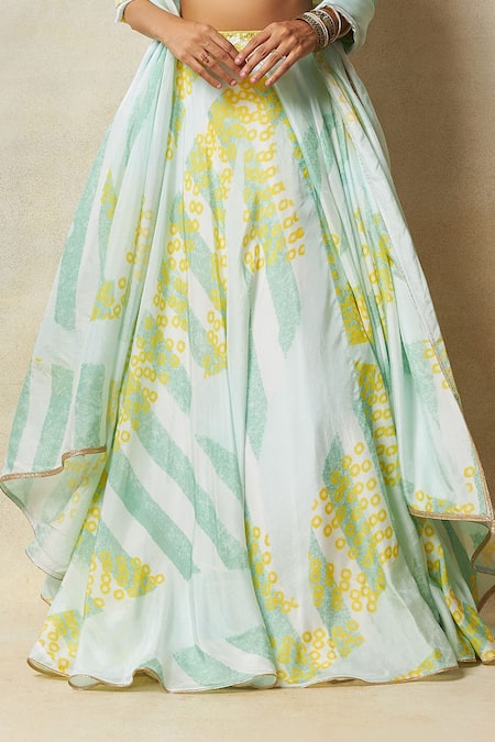 Vedika M_Green Silk Sequins V-neck Abstract Print Lehenga Set _Online_at_Aza_Fashions