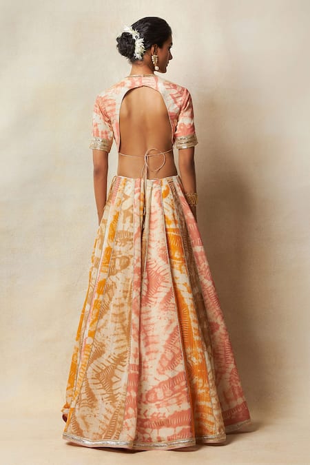 Shop Vedika M Multi Color Silk Zari Plunge Neck Abstract Bandhani Print Lehenga Set at Aza Fashions Shop_Vedika M_Multi Color Silk Zari Plunge Neck Abstract Bandhani Print Lehenga Set _at_Aza_Fashions