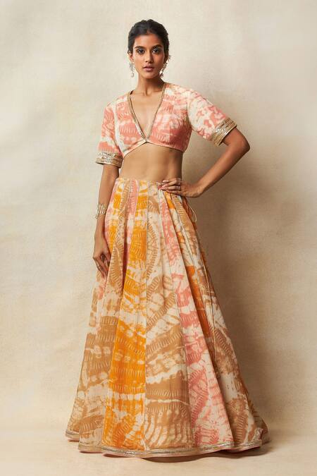 Vedika M Multi Color Silk Zari Plunge Neck Abstract Bandhani Print Lehenga Set Online at Aza Fashions Vedika M_Multi Color Silk Zari Plunge Neck Abstract Bandhani Print Lehenga Set _Online_at_Aza_Fashions