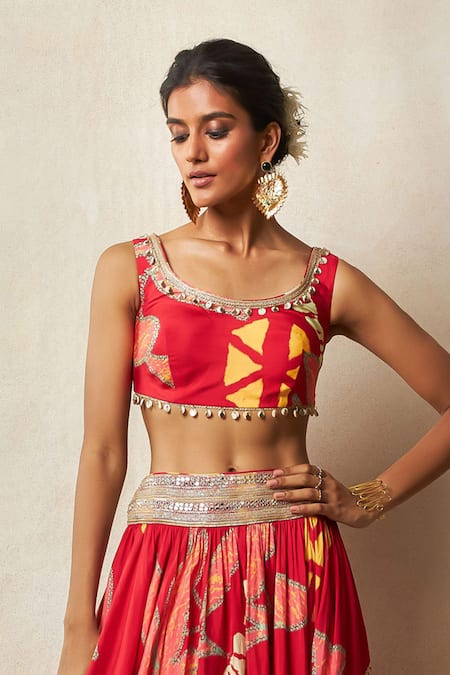 Vedika M Red Silk Embroidery Round Neck Abstract Bandhani Print Blouse And Lehenga Set Online at Aza Fashions Vedika M_Red Silk Embroidery Round Neck Abstract Bandhani Print Blouse And Lehenga Set _Online_at_Aza_Fashions