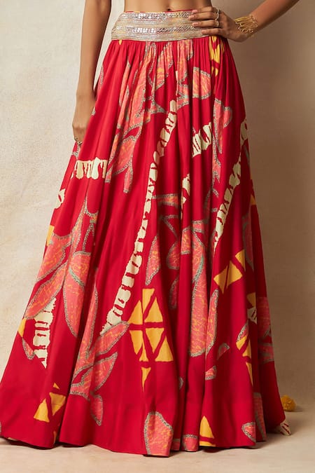 Buy Vedika M Red Silk Embroidery Round Neck Abstract Bandhani Print Blouse And Lehenga Set Online at Aza Fashions Buy_Vedika M_Red Silk Embroidery Round Neck Abstract Bandhani Print Blouse And Lehenga Set _Online_at_Aza_Fashions