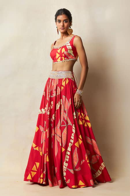 Shop Vedika M Red Silk Embroidery Round Neck Abstract Bandhani Print Blouse And Lehenga Set Online at Aza Fashions Shop_Vedika M_Red Silk Embroidery Round Neck Abstract Bandhani Print Blouse And Lehenga Set _Online_at_Aza_Fashions