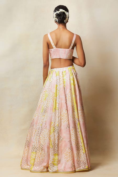 Shop_Vedika M_Multi Color Silk, Tissue Zari, Mirrors Panelled Embroidered Lehenga Set _at_Aza_Fashions