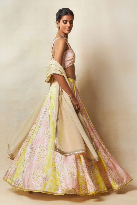 Vedika M_Multi Color Silk, Tissue Zari, Mirrors Panelled Embroidered Lehenga Set _Online_at_Aza_Fashions