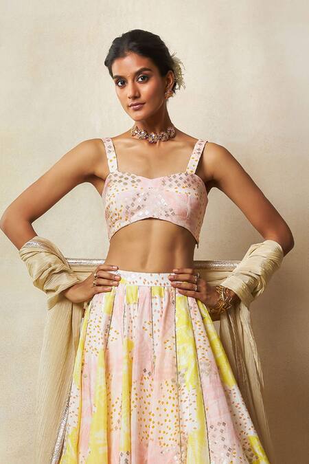 Buy_Vedika M_Multi Color Silk, Tissue Zari, Mirrors Panelled Embroidered Lehenga Set _Online_at_Aza_Fashions
