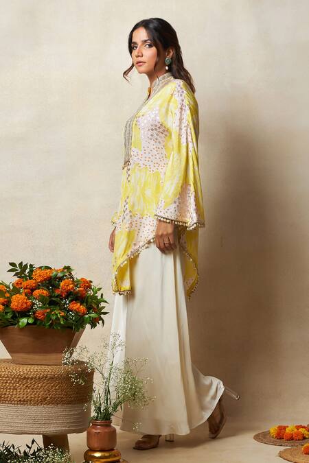 Buy Vedika M Yellow Silk, Satin Sequins Collared, Abstract Bandhani Print Kaftan And Pant Set Online at Aza Fashions Buy_Vedika M_Yellow Silk, Satin Sequins Collared, Abstract Bandhani Print Kaftan And Pant Set _Online_at_Aza_Fashions