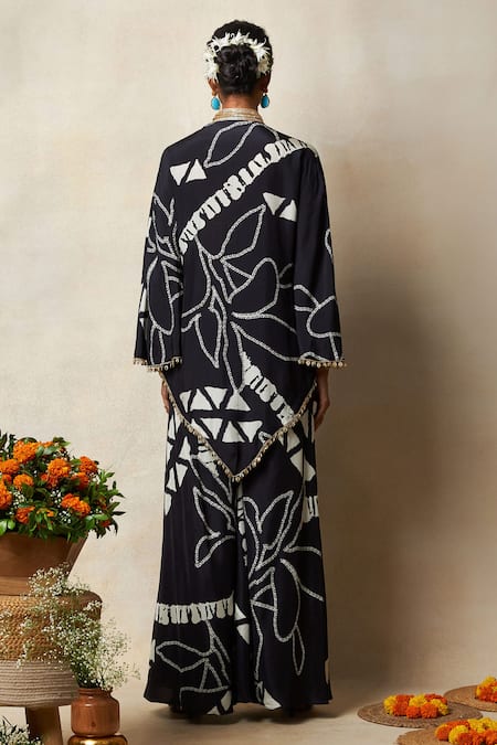 Shop_Vedika M_Black Silk Sequins Collared, V-neck Abstract Bandhani Print Kaftan And Pant Set _at_Aza_Fashions
