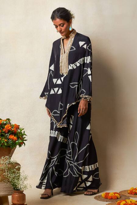 Shop_Vedika M_Black Silk Sequins Collared, V-neck Abstract Bandhani Print Kaftan And Pant Set _Online_at_Aza_Fashions