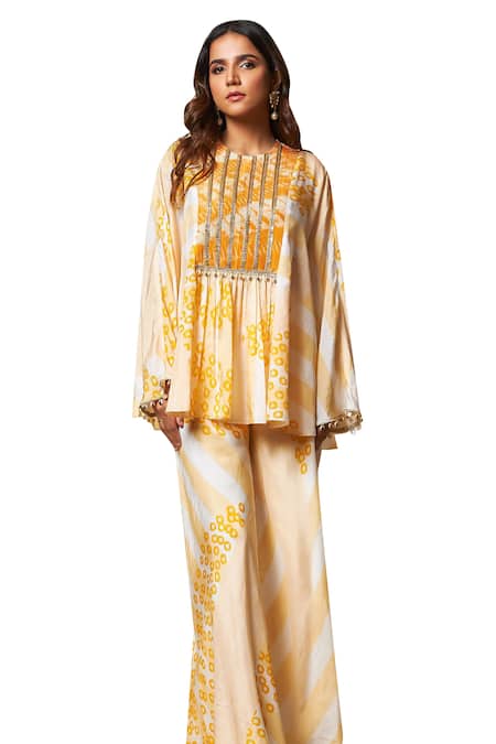 Buy_Vedika M_Yellow Silk Embroidery Round Neck Abstract Bandhani Print Top And Pant Set _Online_at_Aza_Fashions
