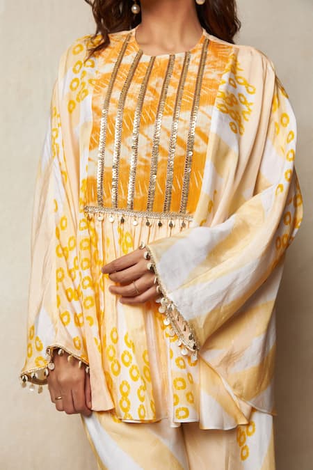Shop_Vedika M_Yellow Silk Embroidery Round Neck Abstract Bandhani Print Top And Pant Set _Online_at_Aza_Fashions