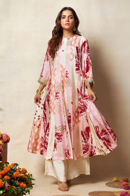 Vedika M_Red Silk, Lurex Embroidery, Zari Round Abstract Bandhani Print Kurta Pant Set _Online_at_Aza_Fashions