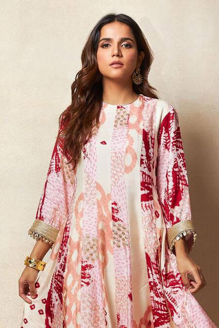 Buy_Vedika M_Red Silk, Lurex Embroidery, Zari Round Abstract Bandhani Print Kurta Pant Set _Online_at_Aza_Fashions