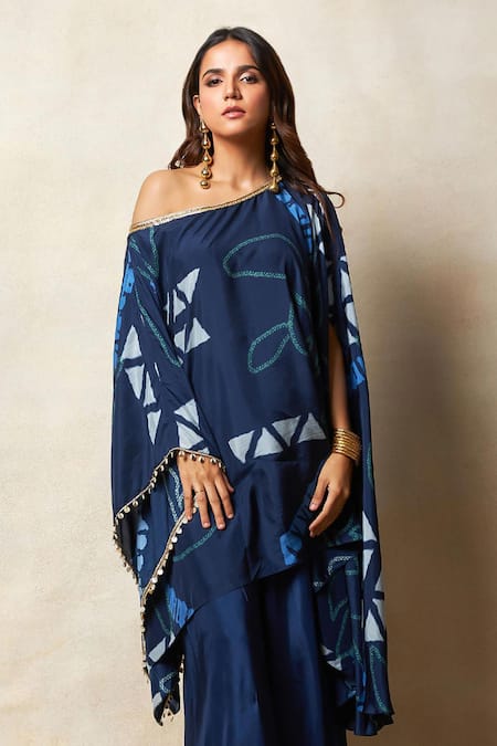 Vedika M Blue Silk Zari One Shoulder Printed Tunic And Pant Set Online at Aza Fashions Vedika M_Blue Silk Zari One Shoulder Printed Tunic And Pant Set _Online_at_Aza_Fashions