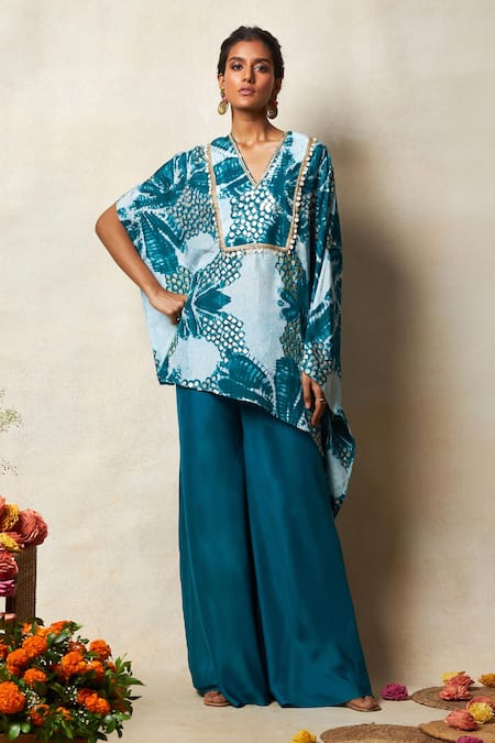 Vedika M Green Silk Printed Abstract Bandhani V Neck Asymmetric Kaftan Top And Pant Set 