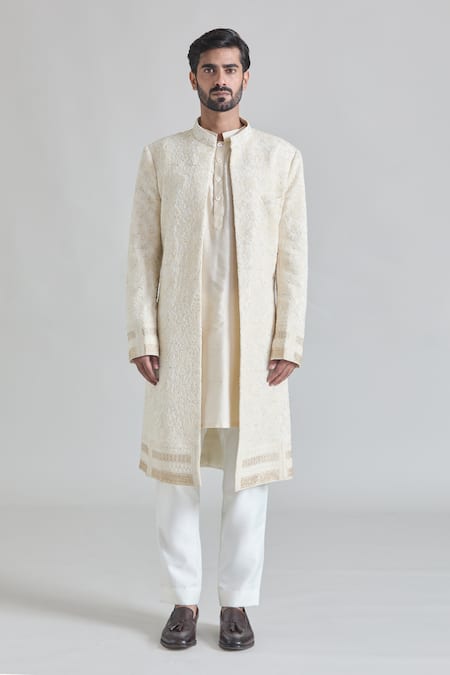 Buy_Priti Sahni_Ivory Cotton, Silk Sequins, Embroidery Lucknowi Thread Sherwani Set _Online_at_Aza_Fashions
