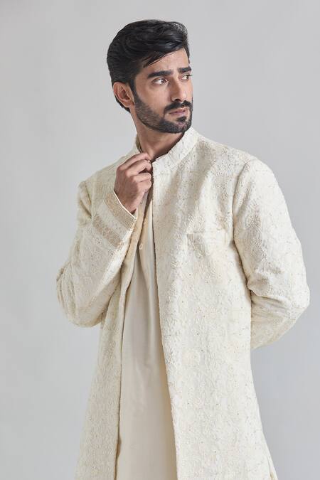 Shop_Priti Sahni_Ivory Cotton, Silk Sequins, Embroidery Lucknowi Thread Sherwani Set _Online_at_Aza_Fashions