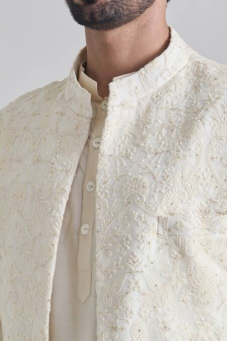 Priti Sahni_Ivory Cotton, Silk Sequins, Embroidery Lucknowi Thread Sherwani Set _at_Aza_Fashions