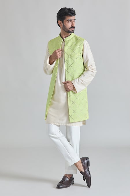 Shop Priti Sahni Ivory Cotton, Silk Mirrors, Embroidery Bundi And Kurta Set Online at Aza Fashions Shop_Priti Sahni_Ivory Cotton, Silk Mirrors, Embroidery Bundi And Kurta Set _Online_at_Aza_Fashions