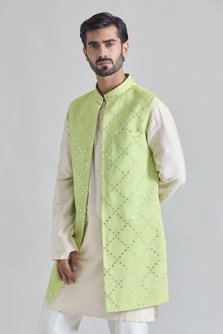 Priti Sahni Ivory Cotton, Silk Mirrors, Embroidery Bundi And Kurta Set at Aza Fashions Priti Sahni_Ivory Cotton, Silk Mirrors, Embroidery Bundi And Kurta Set _at_Aza_Fashions