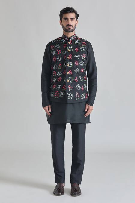 Buy_Priti Sahni_Black Organza, Cotton, Silk Floral Hand Painted Bundi Set _Online_at_Aza_Fashions