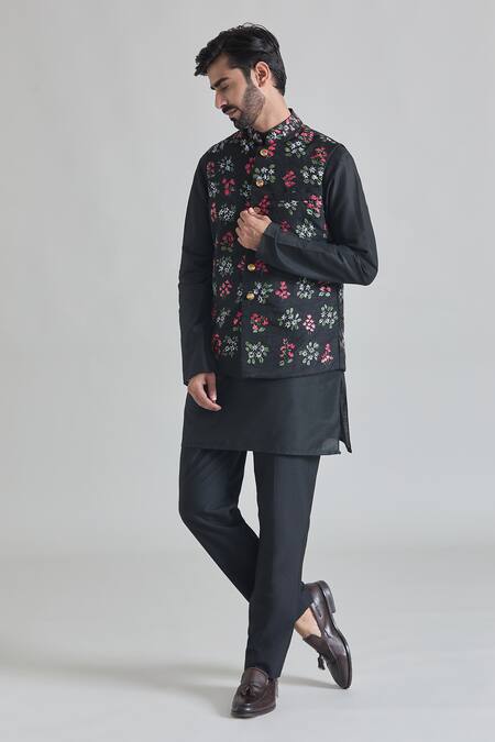 Shop_Priti Sahni_Black Organza, Cotton, Silk Floral Hand Painted Bundi Set _Online_at_Aza_Fashions