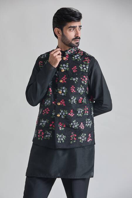 Priti Sahni_Black Organza, Cotton, Silk Floral Hand Painted Bundi Set _at_Aza_Fashions