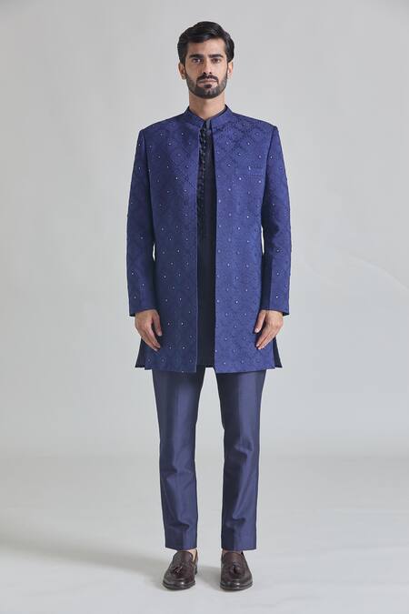Shop Priti Sahni Blue Silk Mirrors, Embroidery Sherwani Set Online at Aza Fashions Shop_Priti Sahni_Blue Silk Mirrors, Embroidery Sherwani Set _Online_at_Aza_Fashions