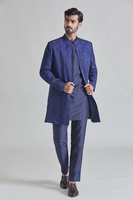 Priti Sahni Blue Silk Mirrors, Embroidery Sherwani Set at Aza Fashions Priti Sahni_Blue Silk Mirrors, Embroidery Sherwani Set _at_Aza_Fashions