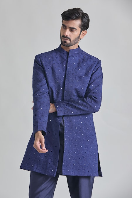 Buy Priti Sahni Blue Silk Mirrors, Embroidery Sherwani Set Buy_Priti Sahni_Blue Silk Mirrors, Embroidery Sherwani Set