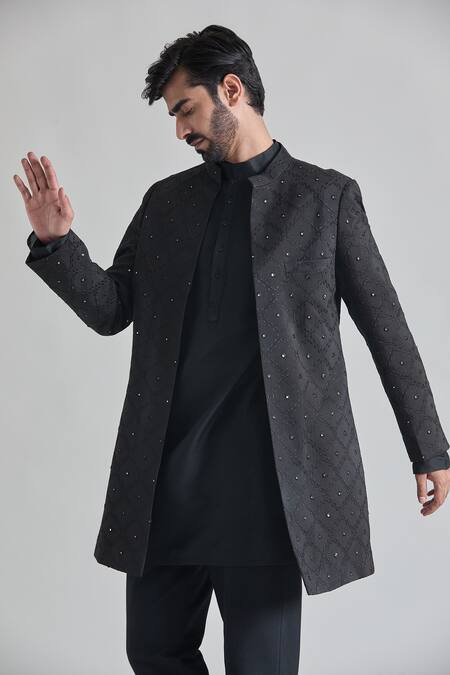 Buy Priti Sahni Black Silk Mirrors, Embroidery Art Sherwani Set Online at Aza Fashions Buy_Priti Sahni_Black Silk Mirrors, Embroidery Art Sherwani Set _Online_at_Aza_Fashions