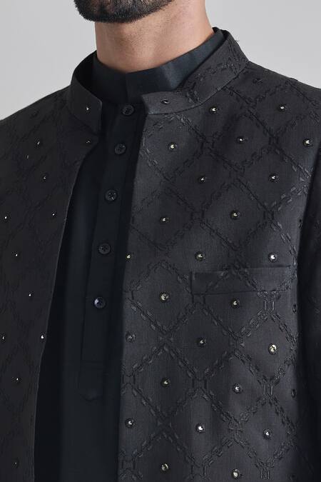 Shop Priti Sahni Black Silk Mirrors, Embroidery Art Sherwani Set Online at Aza Fashions Shop_Priti Sahni_Black Silk Mirrors, Embroidery Art Sherwani Set _Online_at_Aza_Fashions