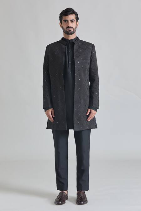Priti Sahni Black Silk Mirrors, Embroidery Art Sherwani Set at Aza Fashions Priti Sahni_Black Silk Mirrors, Embroidery Art Sherwani Set _at_Aza_Fashions