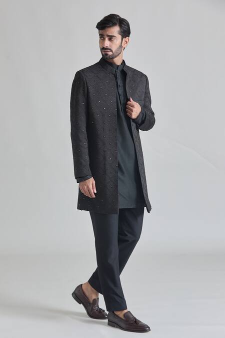 Buy Priti Sahni Black Silk Mirrors, Embroidery Art Sherwani Set Buy_Priti Sahni_Black Silk Mirrors, Embroidery Art Sherwani Set