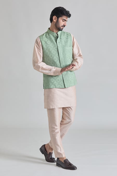 Priti Sahni Green Cotton Silk Embroidery Mirror Checkered Bundi And Kurta Set 