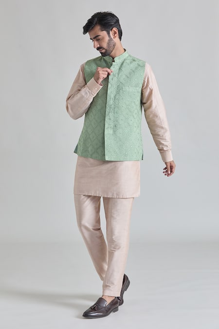 Buy_Priti Sahni_Green Cotton, Silk Mirrors, Embroidery Checkered Bundi Set _Online_at_Aza_Fashions