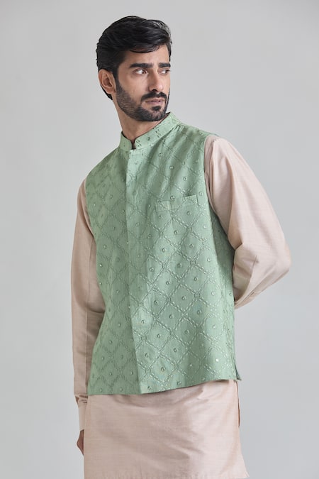 Shop_Priti Sahni_Green Cotton, Silk Mirrors, Embroidery Checkered Bundi Set _Online_at_Aza_Fashions