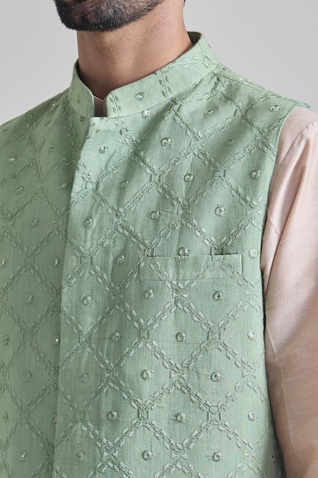 Priti Sahni_Green Cotton, Silk Mirrors, Embroidery Checkered Bundi Set _at_Aza_Fashions