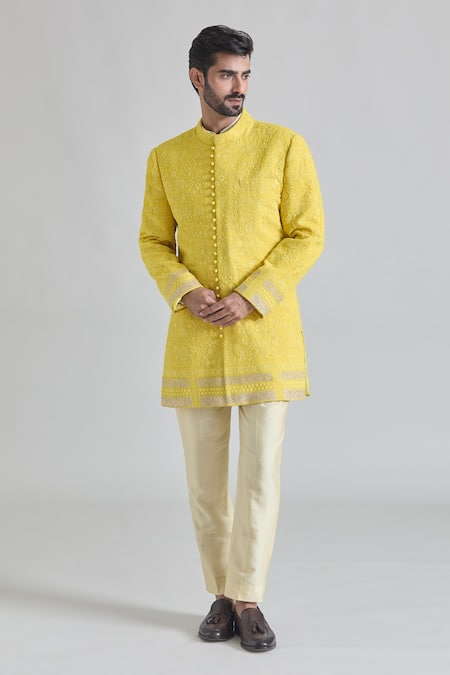 Priti Sahni Yellow Cotton Silk Embroidery Thread Lucknowi Work Sherwani Set 