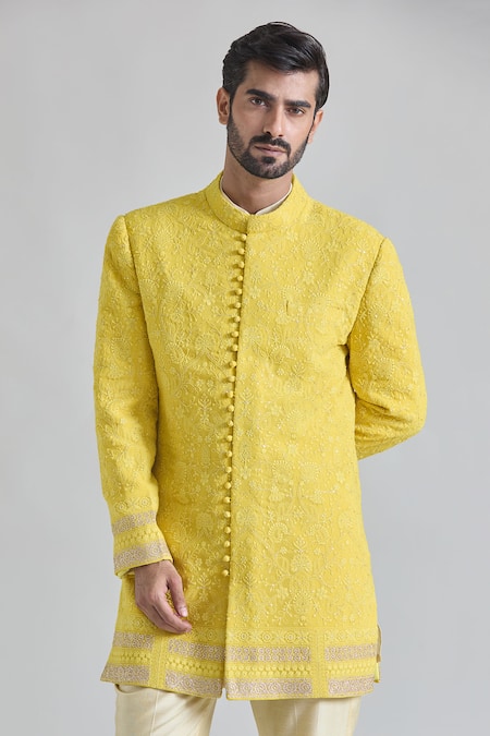 Buy_Priti Sahni_Yellow Cotton, Silk Sequins, Embroidery Lucknowi Thread Work Sherwani Set _Online_at_Aza_Fashions