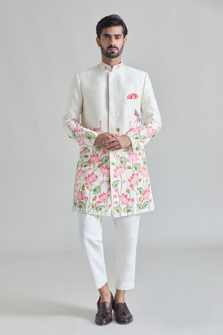 Priti Sahni Ivory Raw Silk Hand Painted Lotus Sherwani Set 