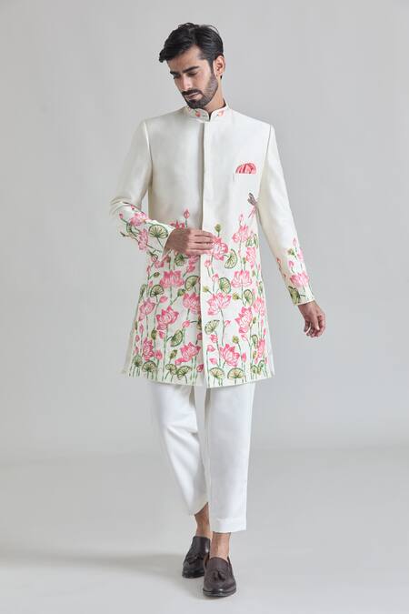 Priti Sahni Ivory Silk, Cotton Lotus Hand Painted Sherwani Set Online at Aza Fashions Priti Sahni_Ivory Silk, Cotton Lotus Hand Painted Sherwani Set _Online_at_Aza_Fashions