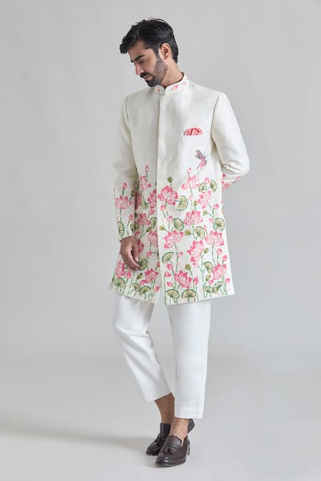 Buy Priti Sahni Ivory Silk, Cotton Lotus Hand Painted Sherwani Set Online at Aza Fashions Buy_Priti Sahni_Ivory Silk, Cotton Lotus Hand Painted Sherwani Set _Online_at_Aza_Fashions