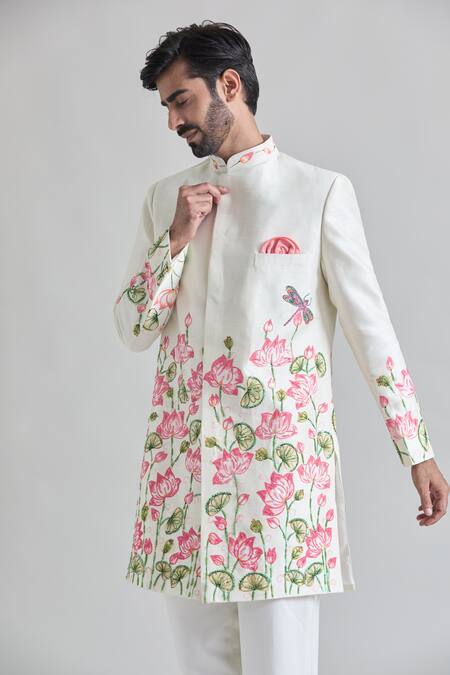 Shop Priti Sahni Ivory Silk, Cotton Lotus Hand Painted Sherwani Set Online at Aza Fashions Shop_Priti Sahni_Ivory Silk, Cotton Lotus Hand Painted Sherwani Set _Online_at_Aza_Fashions